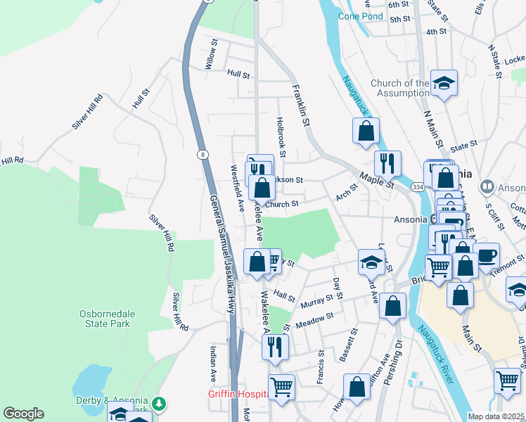 map of restaurants, bars, coffee shops, grocery stores, and more near 180 Wakelee Avenue in Ansonia