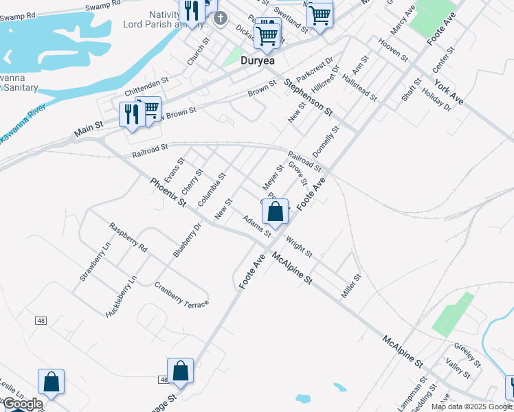 map of restaurants, bars, coffee shops, grocery stores, and more near 550-568 Green Street in Duryea