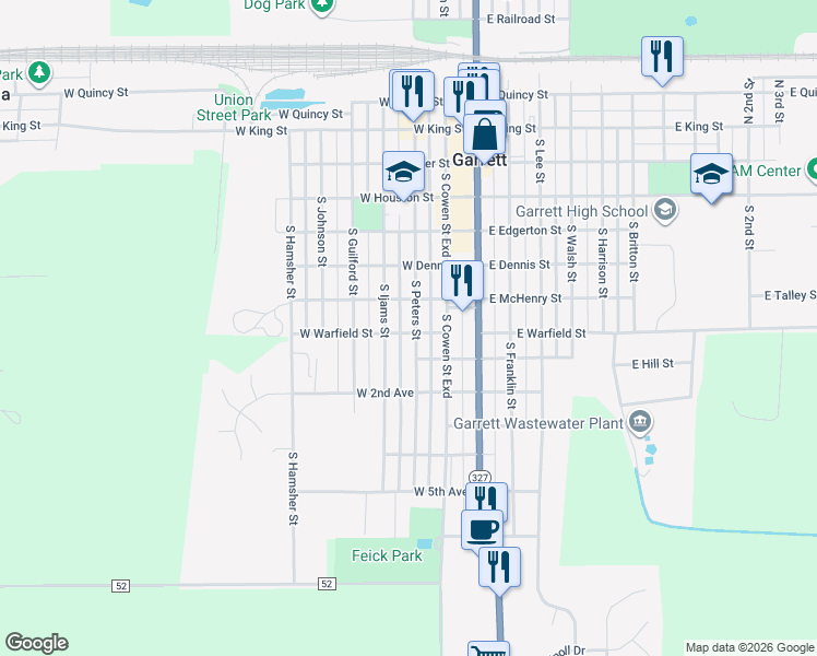 map of restaurants, bars, coffee shops, grocery stores, and more near 618 South Peters Street in Garrett