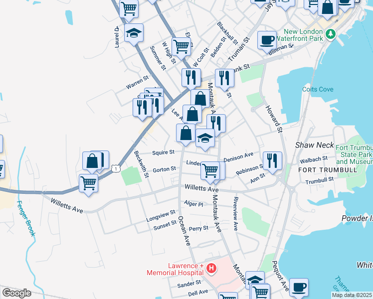 map of restaurants, bars, coffee shops, grocery stores, and more near 118 Ocean Avenue in New London
