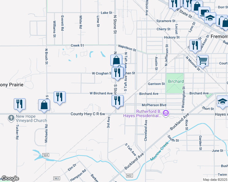 map of restaurants, bars, coffee shops, grocery stores, and more near 2000 West Birchard Avenue in Fremont
