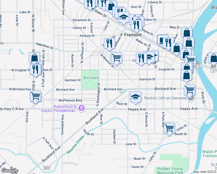 map of restaurants, bars, coffee shops, grocery stores, and more near 1124 Birchard Avenue in Fremont