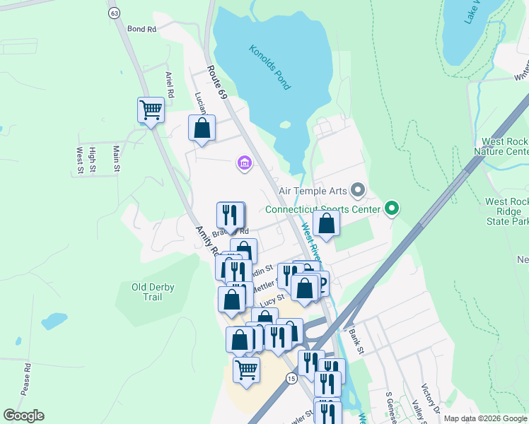 map of restaurants, bars, coffee shops, grocery stores, and more near 1722 Litchfield Turnpike in Woodbridge