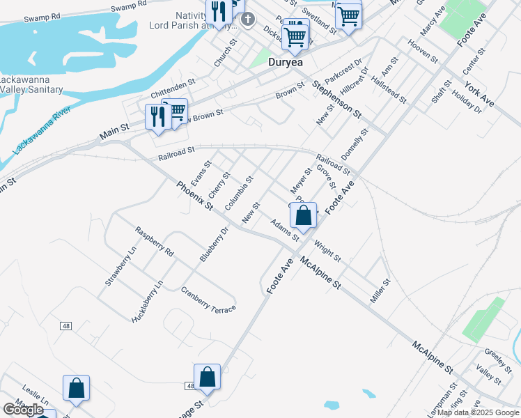 map of restaurants, bars, coffee shops, grocery stores, and more near 552 Green Street in Duryea