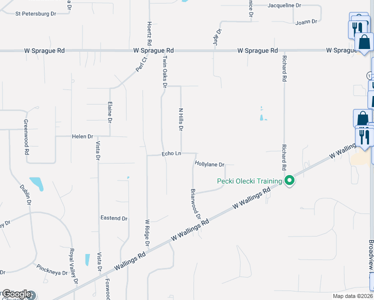 map of restaurants, bars, coffee shops, grocery stores, and more near 8125 North Hills Drive in Broadview Heights