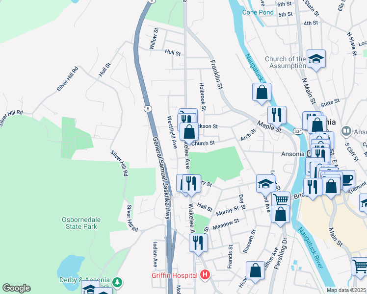 map of restaurants, bars, coffee shops, grocery stores, and more near 180 Wakelee Avenue in Ansonia