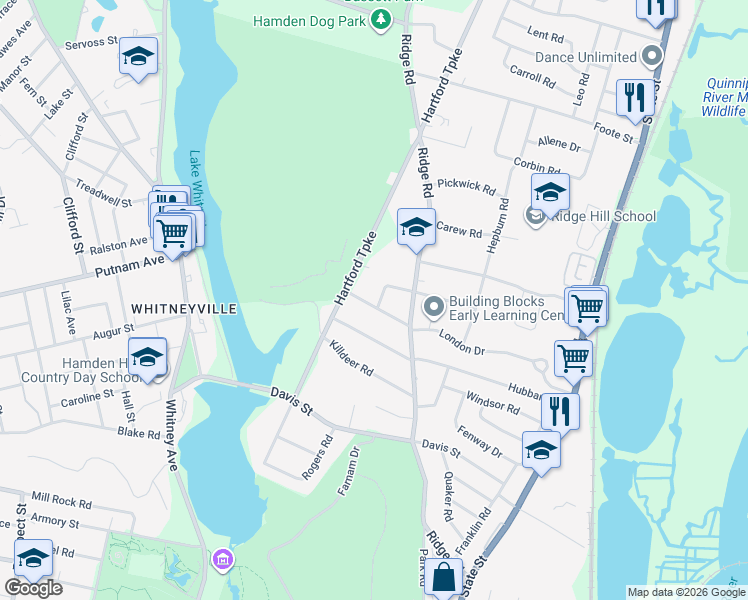 map of restaurants, bars, coffee shops, grocery stores, and more near 6 Brookhaven Road in Hamden
