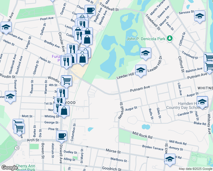 map of restaurants, bars, coffee shops, grocery stores, and more near 415 Putnam Avenue in Hamden