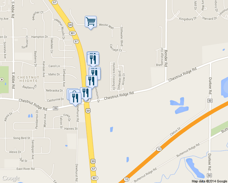 map of restaurants, bars, coffee shops, grocery stores, and more near 100 Hunters Crossing Drive in Elyria