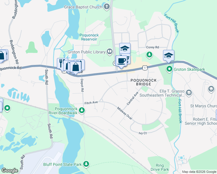 map of restaurants, bars, coffee shops, grocery stores, and more near 245 Midway Oval in Groton