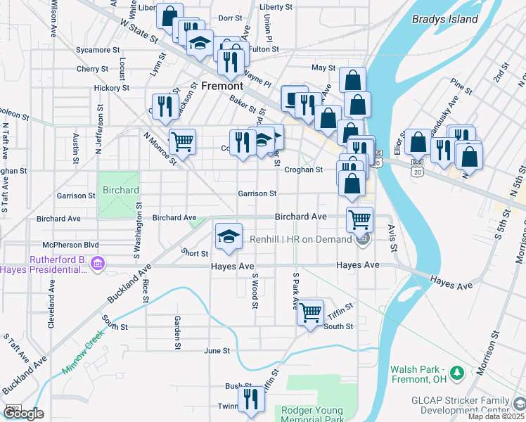 map of restaurants, bars, coffee shops, grocery stores, and more near 716 Birchard Avenue in Fremont