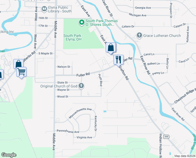 map of restaurants, bars, coffee shops, grocery stores, and more near 104 Louden Court in Elyria
