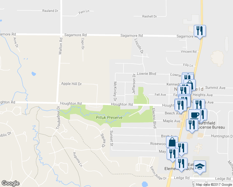 map of restaurants, bars, coffee shops, grocery stores, and more near 269 Monroe Drive in Northfield