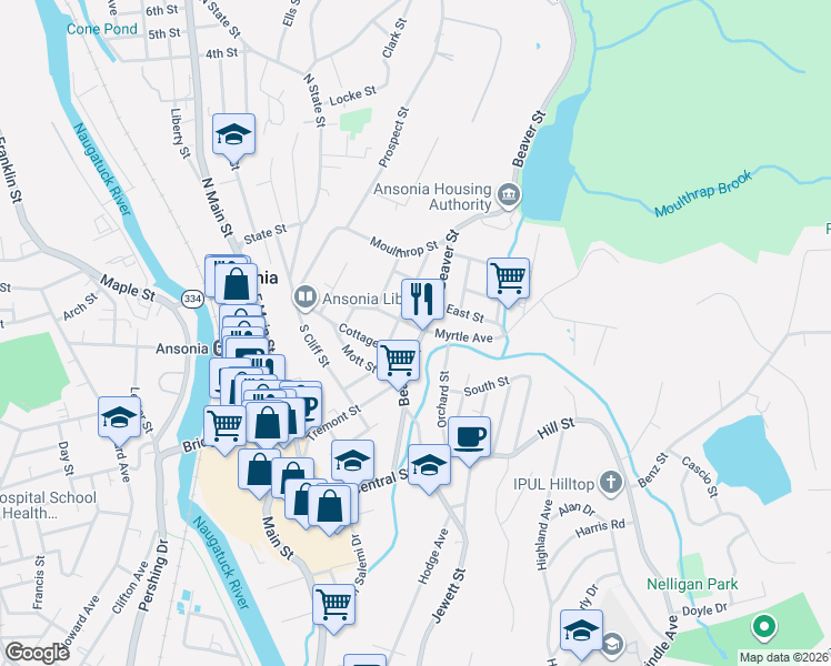 map of restaurants, bars, coffee shops, grocery stores, and more near 125 Beaver Street in Ansonia