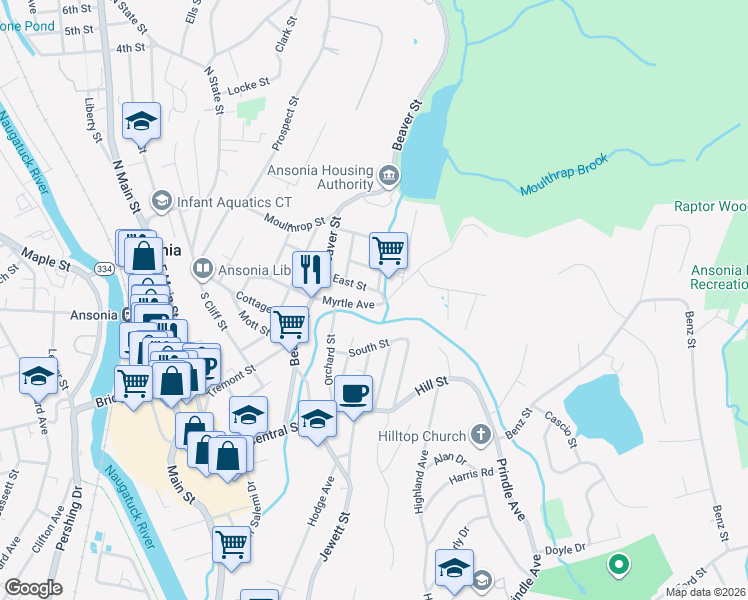 map of restaurants, bars, coffee shops, grocery stores, and more near 99 Myrtle Avenue in Ansonia