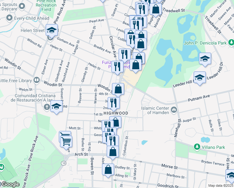 map of restaurants, bars, coffee shops, grocery stores, and more near 1 4th Street in Hamden