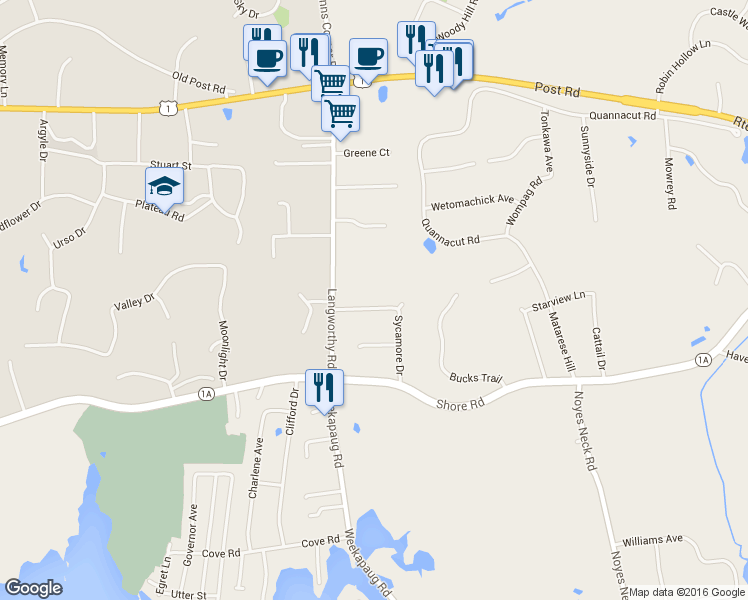 map of restaurants, bars, coffee shops, grocery stores, and more near 19A Sycamore Drive in Westerly