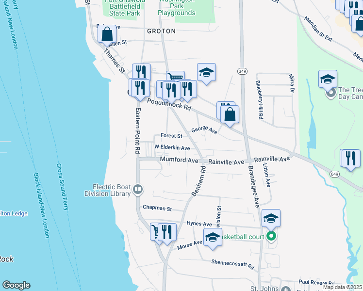 map of restaurants, bars, coffee shops, grocery stores, and more near 33 West Elderkin Avenue in Groton