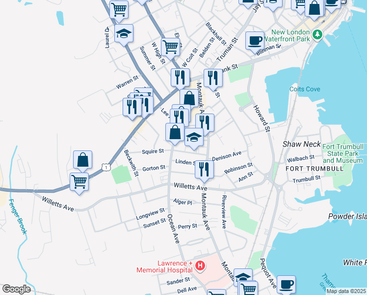 map of restaurants, bars, coffee shops, grocery stores, and more near 25 Squire Street in New London