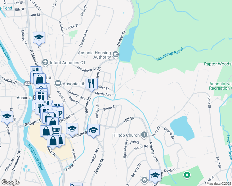 map of restaurants, bars, coffee shops, grocery stores, and more near 99 Myrtle Avenue in Ansonia