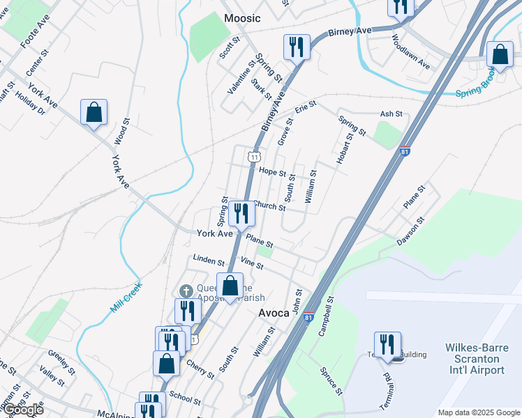 map of restaurants, bars, coffee shops, grocery stores, and more near 1116 Main St in Avoca