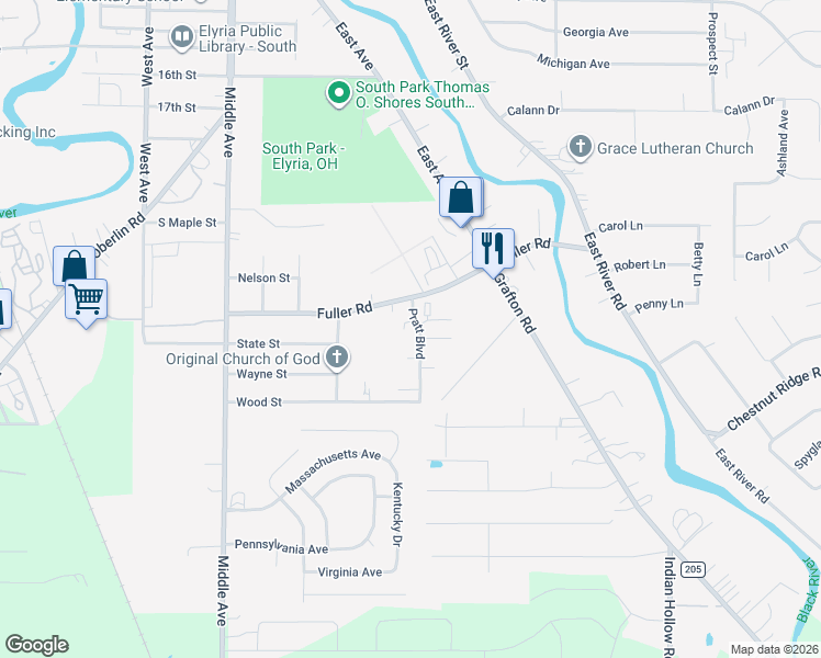 map of restaurants, bars, coffee shops, grocery stores, and more near 104 Louden Court in Elyria