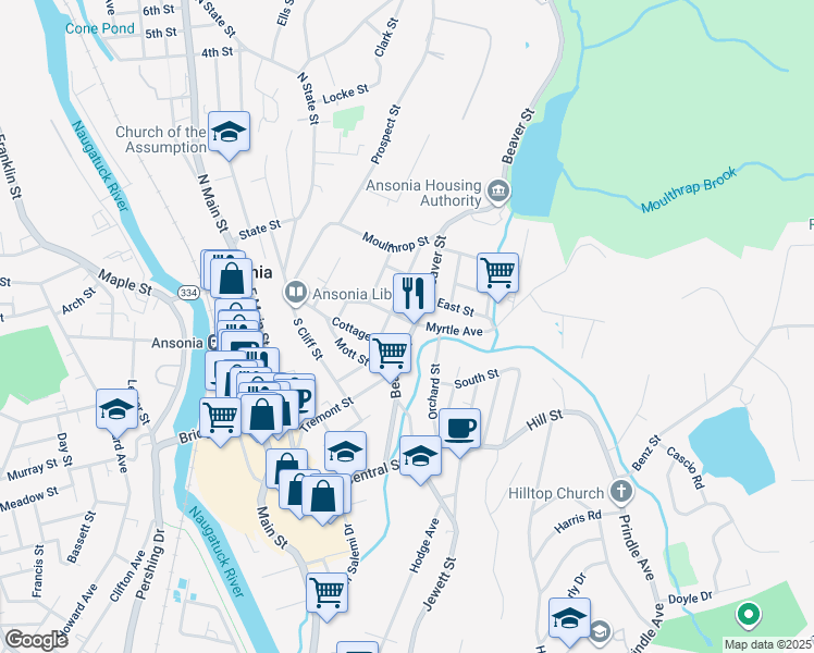 map of restaurants, bars, coffee shops, grocery stores, and more near 125 Beaver Street in Ansonia