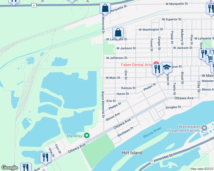 map of restaurants, bars, coffee shops, grocery stores, and more near 1620 Kansas Street in Ottawa