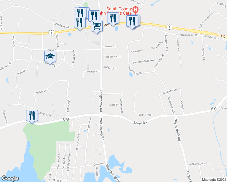 map of restaurants, bars, coffee shops, grocery stores, and more near 25 Sycamore Drive in Westerly