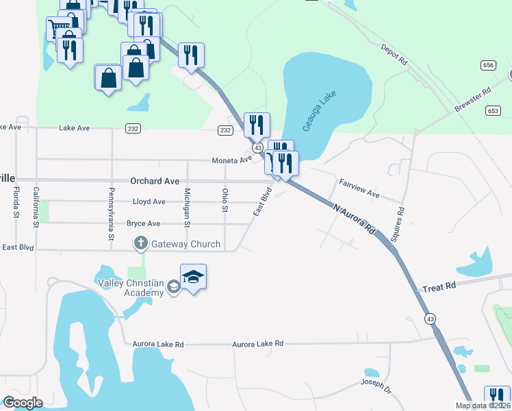 map of restaurants, bars, coffee shops, grocery stores, and more near 850 East Boulevard in Aurora