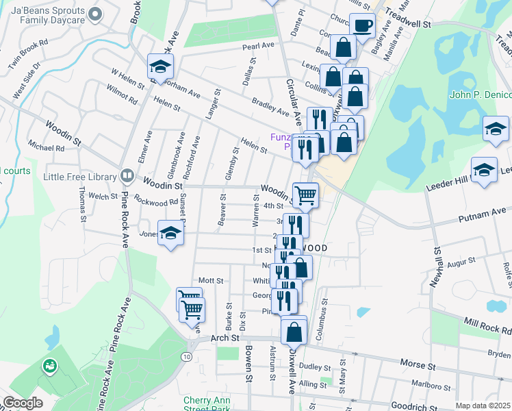 map of restaurants, bars, coffee shops, grocery stores, and more near Warren Street & 4th Street in Hamden