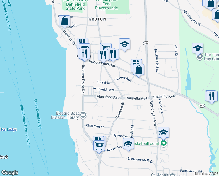 map of restaurants, bars, coffee shops, grocery stores, and more near 33 West Elderkin Avenue in Groton
