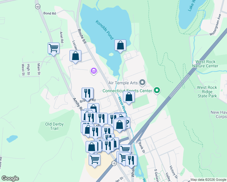 map of restaurants, bars, coffee shops, grocery stores, and more near 1721 Connecticut 69 in Woodbridge