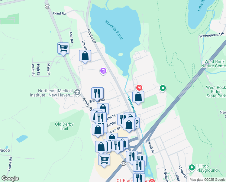 map of restaurants, bars, coffee shops, grocery stores, and more near 1722 Litchfield Turnpike in Woodbridge