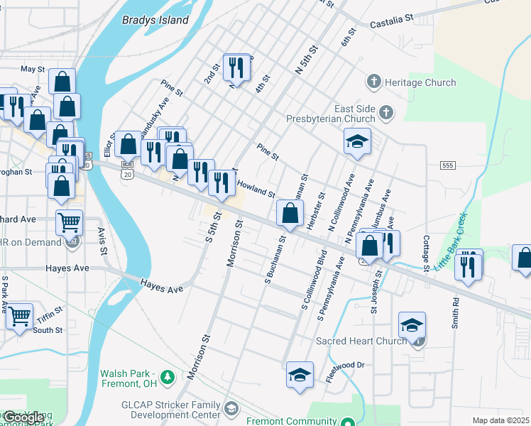 map of restaurants, bars, coffee shops, grocery stores, and more near 728 E State St in Fremont