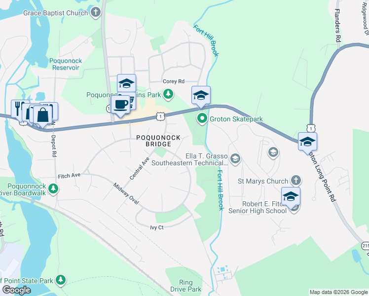 map of restaurants, bars, coffee shops, grocery stores, and more near 15 Atlanta Court in Groton