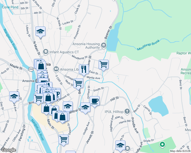 map of restaurants, bars, coffee shops, grocery stores, and more near 99 Myrtle Avenue in Ansonia