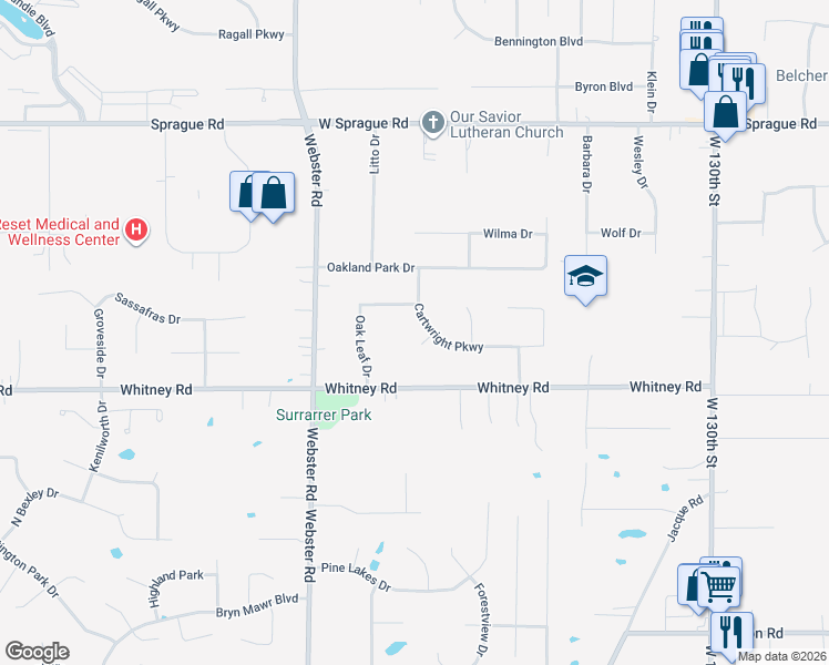 map of restaurants, bars, coffee shops, grocery stores, and more near 14199 Evelyn Court in Strongsville
