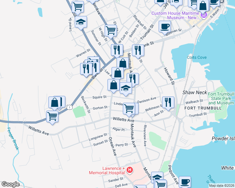 map of restaurants, bars, coffee shops, grocery stores, and more near 118 Ocean Avenue in New London