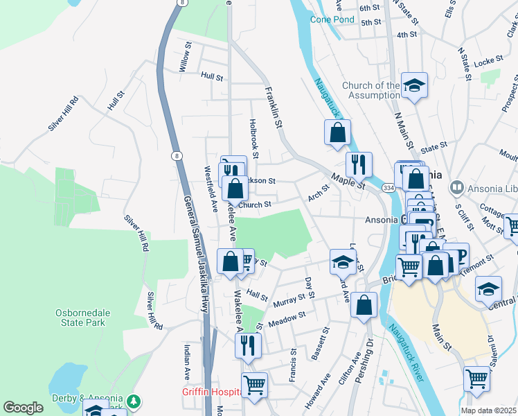 map of restaurants, bars, coffee shops, grocery stores, and more near 41 Church Street in Ansonia