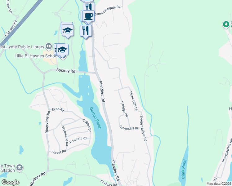 map of restaurants, bars, coffee shops, grocery stores, and more near 10 South Ledge Rock Road in East Lyme