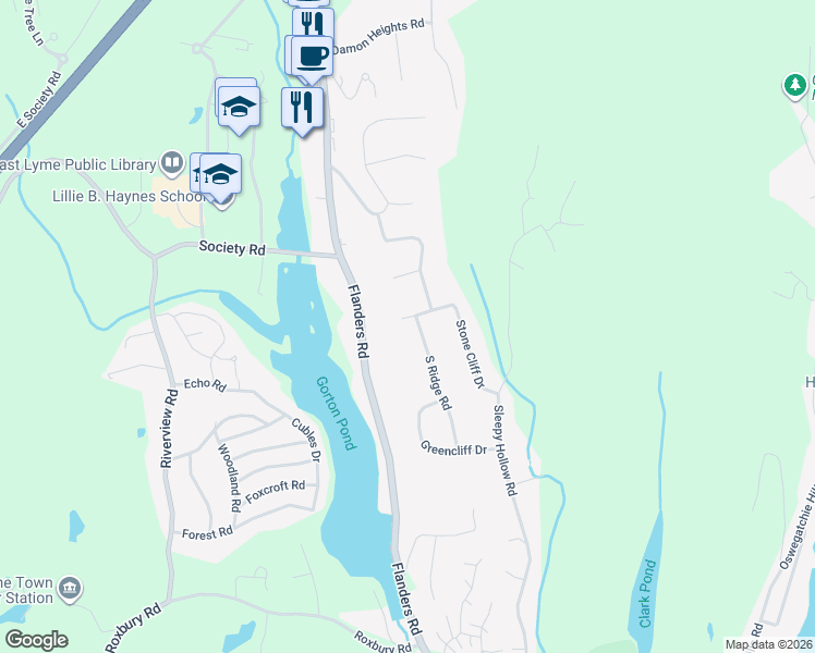 map of restaurants, bars, coffee shops, grocery stores, and more near 10 South Ledge Rock Road in East Lyme