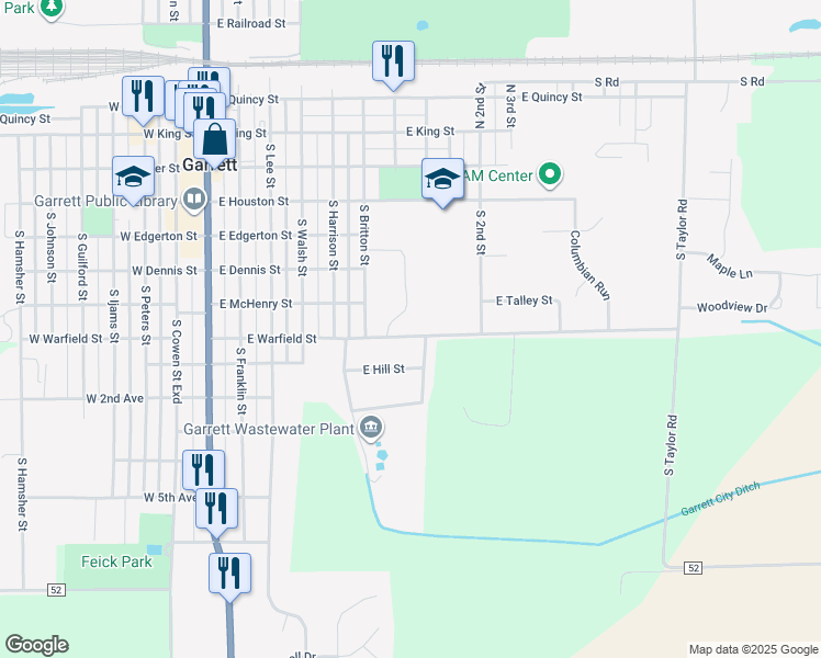 map of restaurants, bars, coffee shops, grocery stores, and more near 614 East Warfield Street in Garrett