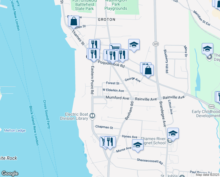 map of restaurants, bars, coffee shops, grocery stores, and more near 71 West Elderkin Avenue in Groton