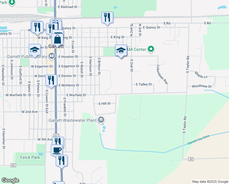 map of restaurants, bars, coffee shops, grocery stores, and more near 614 East Warfield Street in Garrett