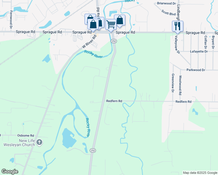 map of restaurants, bars, coffee shops, grocery stores, and more near 10475 Ohio 252 in Columbia Station