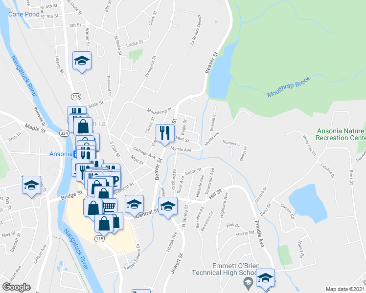 map of restaurants, bars, coffee shops, grocery stores, and more near 50 Orchard Street in Ansonia