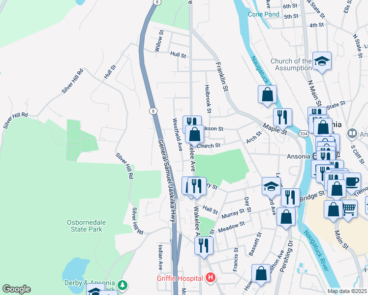 map of restaurants, bars, coffee shops, grocery stores, and more near 149 Westfield Avenue in Ansonia