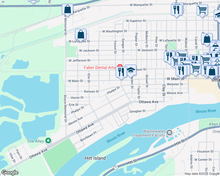 map of restaurants, bars, coffee shops, grocery stores, and more near 1242 Phelps Street in Ottawa