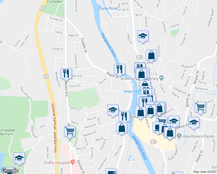 map of restaurants, bars, coffee shops, grocery stores, and more near 5 Franklin Street in Ansonia